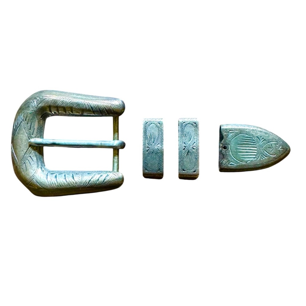 Vintage Sterling Silver Mid Century Western Belt Buckle Set w/ Tip & Keepers